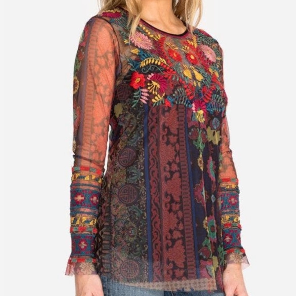 JOHNNY WAS Biya Sheer Mesh Top Embroidered Cuffs Blouse Floral